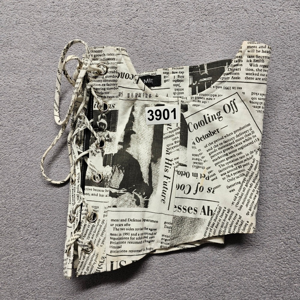 Hers & Mine Corset Belt Womens L Multi Newspaper Print Lace Up Front Back Zip - Picture 11 of 12